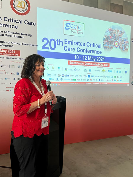 Kathleen Vollman speaking at the 20th Emirates Critical Care Conference in Dubai